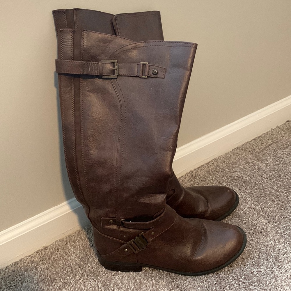 Black leather riding boots with buckle details, size 11